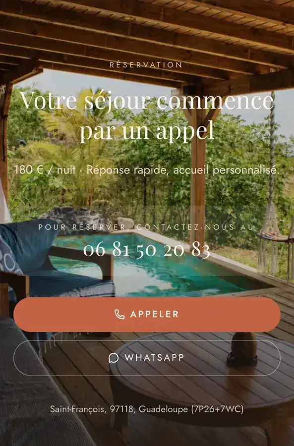 Section réservation du site Villa Horizon avec boutons Appeler et WhatsApp